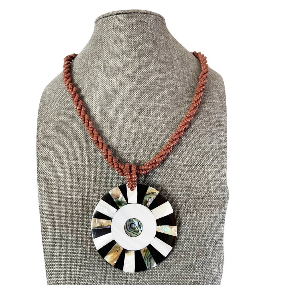 Vtg Inlaid Abalone & Mother of Pearl on Brown Multi Strand Seed Beaded Necklace